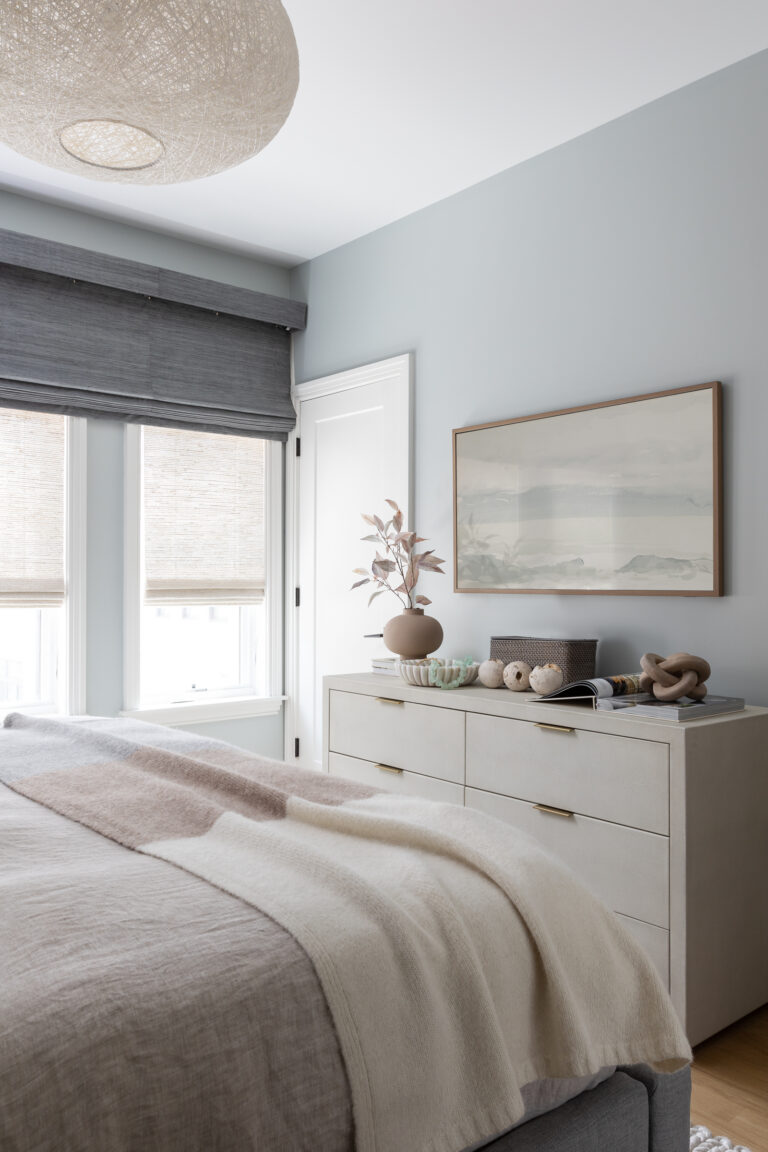 Blue primary bedroom Frame TV linen bedding cashmere throw woven pendant light fixture
